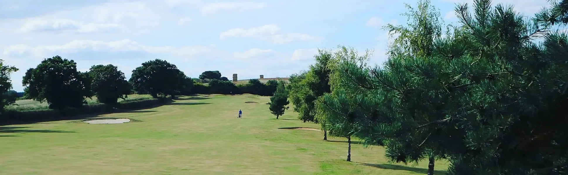 Tree-lined parkland fairway under blue skies at Exminster